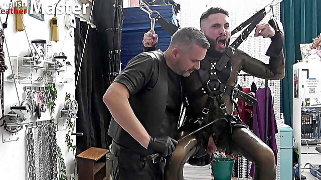 CBT on suspended young slave by leather daddy PREVIEW