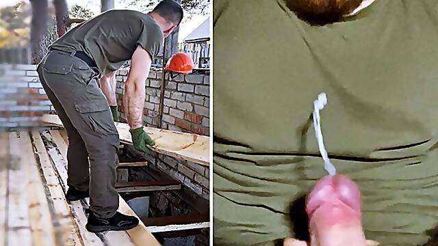 Builder jerks off hot dick after work! Big load of cum!