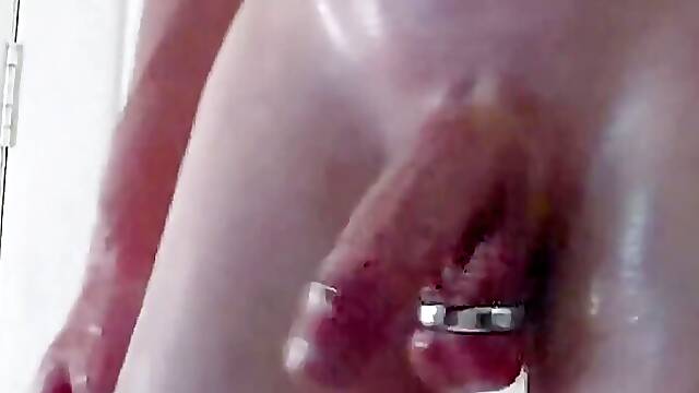 Remasturbated Slippery Standing Stroke with Ball Ring and Big Load with Slowmo Cum