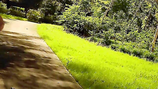 Nude walking in a park on the side of a busy highway and peeing