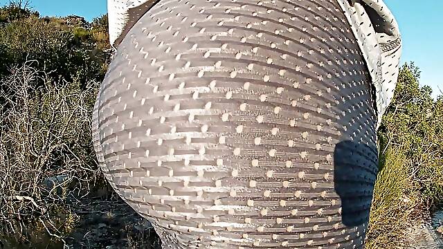 Walking in sexy tight breathable shorts having a erection