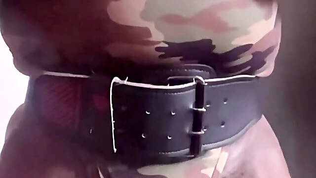 Post Gym Leather Harness &amp; Camouflage Singlet Tit Play