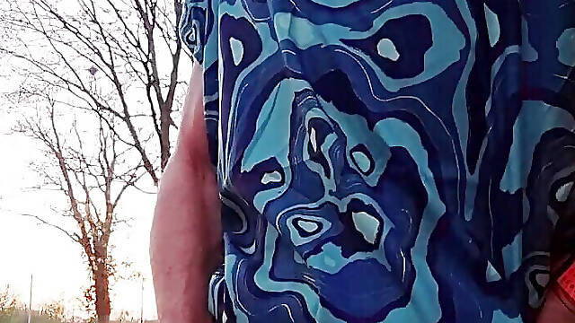 Very risky. Skinny boy was caught, but still has to piss. Huge piss in public