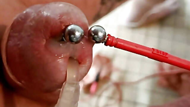 E-stim in piercing PA+ and anal cum ejac with catheter inside cock