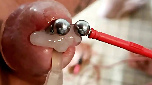 E-stim in piercing PA+ and anal cum ejac with catheter inside cock