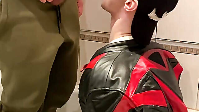 Big Man in Leather Jacket Pissing on Leather Moto Biker