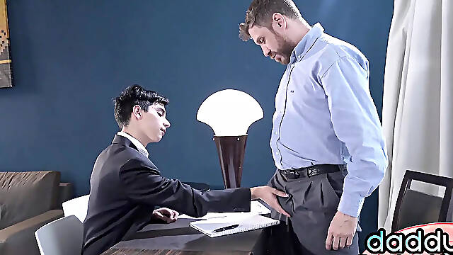 Cutie twink cockriding on boss DILF cock