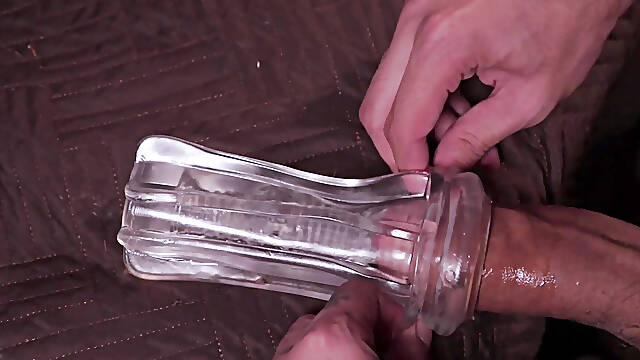 Big Hairy Cock Daddy Fucking A Transparent Fleshlight And Filling It With Cum