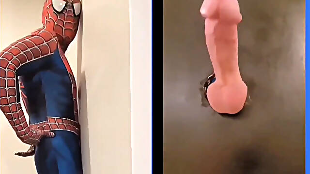 Spiderman Encounters a Glory Hole with his Big Cock and Big Cumshots for the Glory Hole