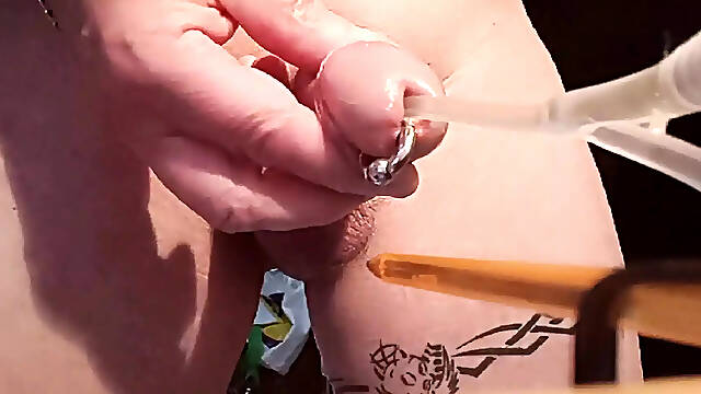 Catheter 7mm and ballpoint pen 8mm inside with masturbation cum ejac