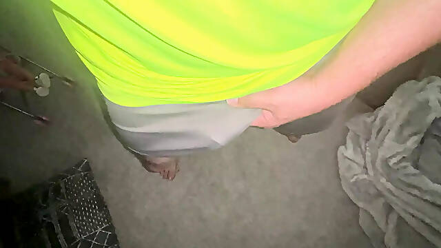 Gray shorts bright shirt