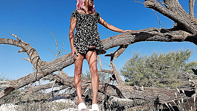 Cute femboy 😍strips naked and rides her favorite💖trunk Very slutty the slut enjoys her