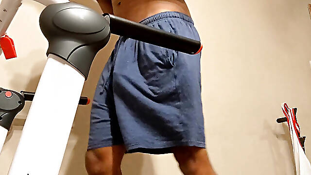 Candid View British Roadman Wearing Tight Blue Shorts Bulge On Treadmill