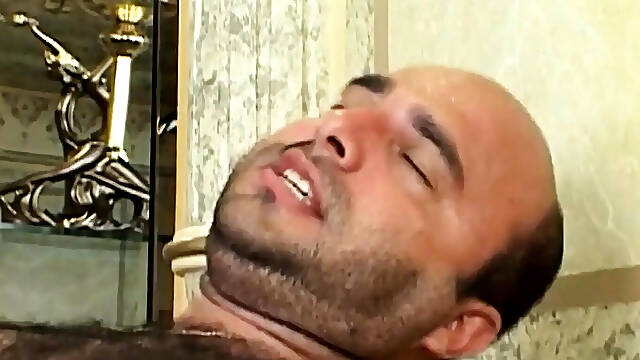 Chubby mature gay gets rough anal sex from bearded man on the bed