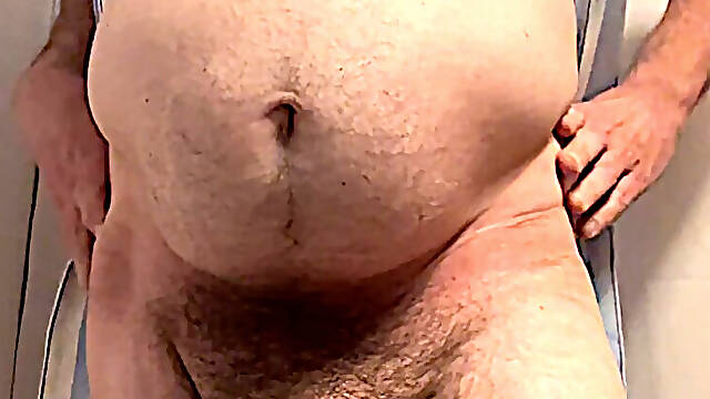 Big belly and cock released from the required office clothing