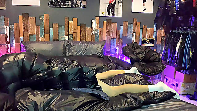 Cock Rubbing Down Jacket on Shiny Nylon Bed