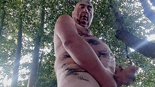 Big pig Pascal drinks his piss under the road bridge before sensually masturbating with mud