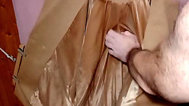 Ejaculating in the shiny lining of a classy woolen ladycoat