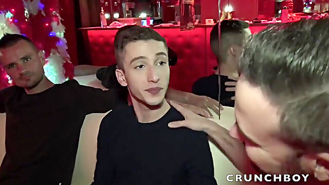 Twink fucked raw by 2 straight boys curious in a bar sauna
