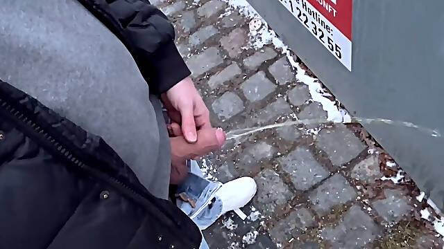 Public pissing with a nice cock makes him horny and makes him jerk off