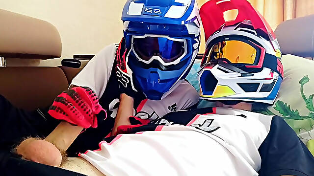 Two Guys in Helmets Jerk off and Cum