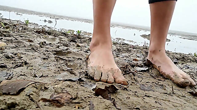 Stepping in Mud Barefoot - Dirty Feet and Jerk off and Stepping on Own Cum at the End