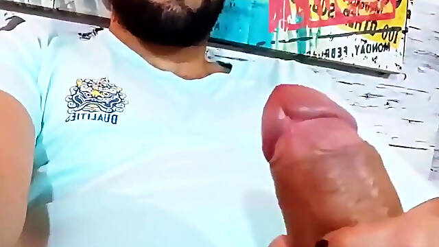 Jerking my big uncut cock with spit and precum until I cum