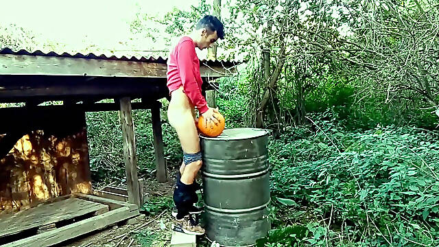Twink Is Hard Fucking a Pumpkin in the Garden