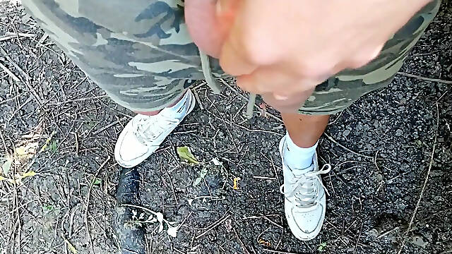 Piss and Cum - Cleaning Used White Sneakers with Pee and Cum and Pee Again in the Garden