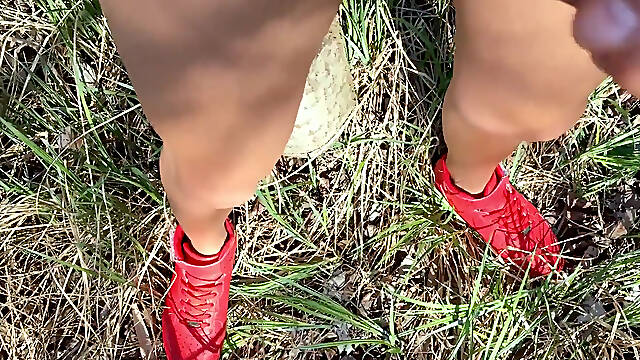 Outdoor Red Sneakers Then Barefoot Jerking, Dildo Inside Ass and Cumshot