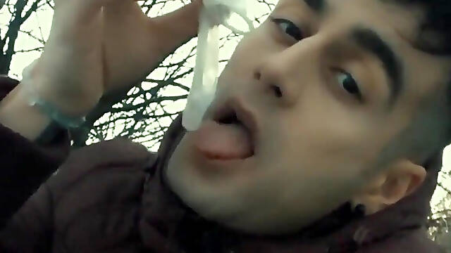 Licking Used Cum Filled Condom Outdoor