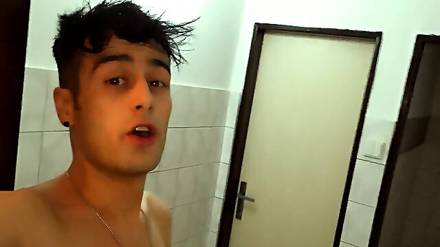 Twink Risky Jerks Cock at the Public Toilet and Cums on Occupied Cabin