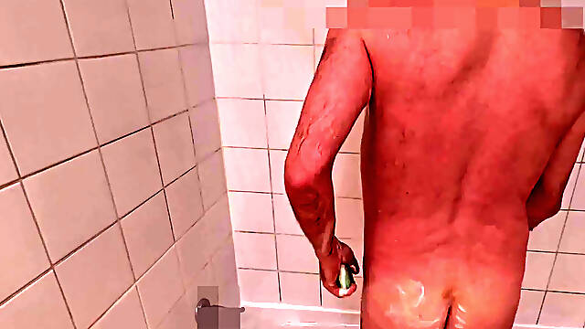 Daddy Jerks off in Shower. Soapy, Uncut, Voyeur Cam