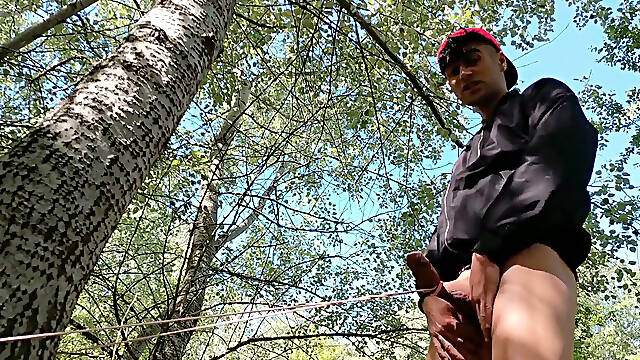 Stretching Balls and Cock Tied to the Tree and Jerk off Outdoor