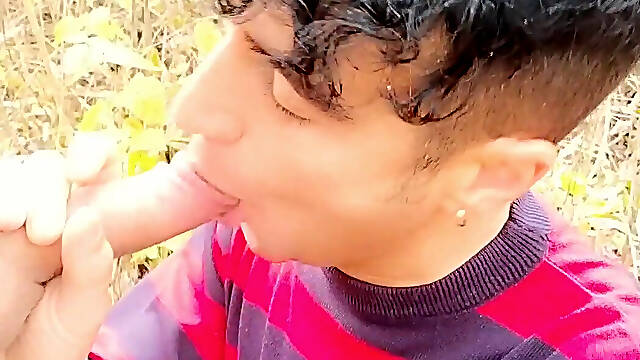 Taking friends cum on face in the park - sucking cock outdoor