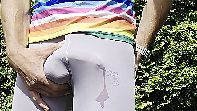 Skinny boy with big dick pissing through his tight white Leggings