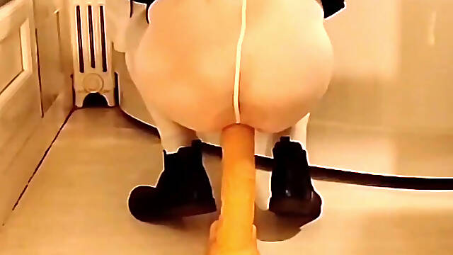 Dildo Riding in the Bathroom Wearing an Open White Pantyhose