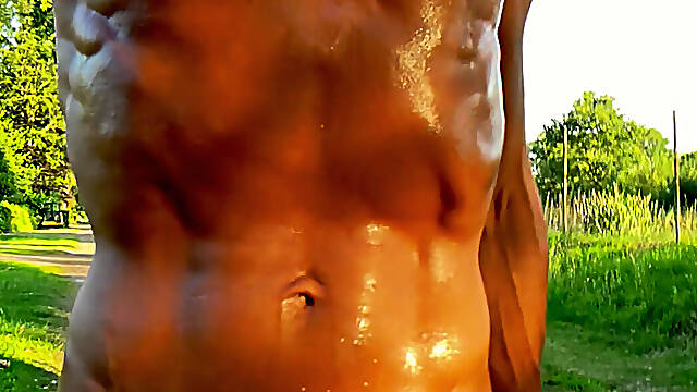 Skinny boy comes back from sports and strips naked in public. Everyone can see his sweating naked body and his big