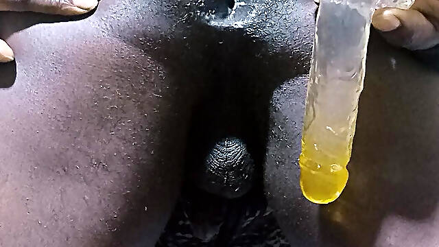 Big booty bottom mercilessly fucking his creamy asshole with a dildo doggystyle