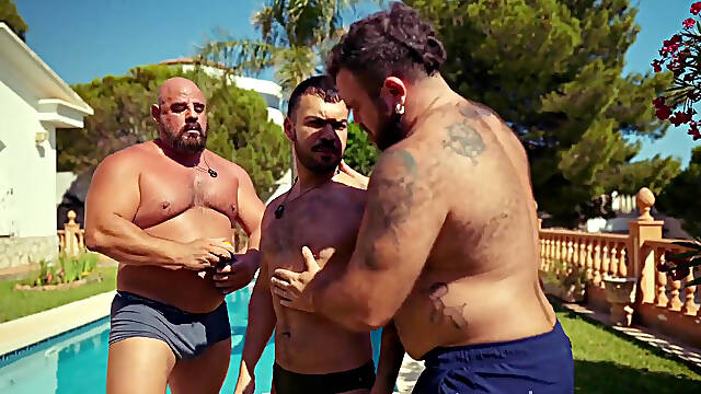 Poolside Cream Rubdown: Four Hands Slick up a Needy Sub, Sandwiched