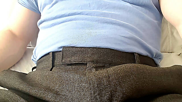 Playing with my cock in suit pants, then stripping and drenching my t-shirt in cum