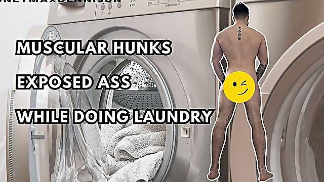 Muscular hunks exposed ass while doing laundry