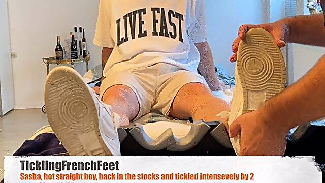 Sacha, hot straight boy, back in the stocks and tickled intensively by 2 (FHD)
