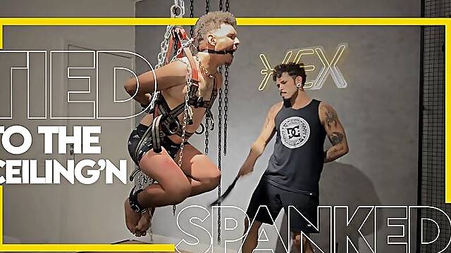 Three sadistic guys spank a slave tied to the ceiling (1080p) Gay Bondage - Gay Domination - Spanking - Whipping - Foot Fetish - BDSM